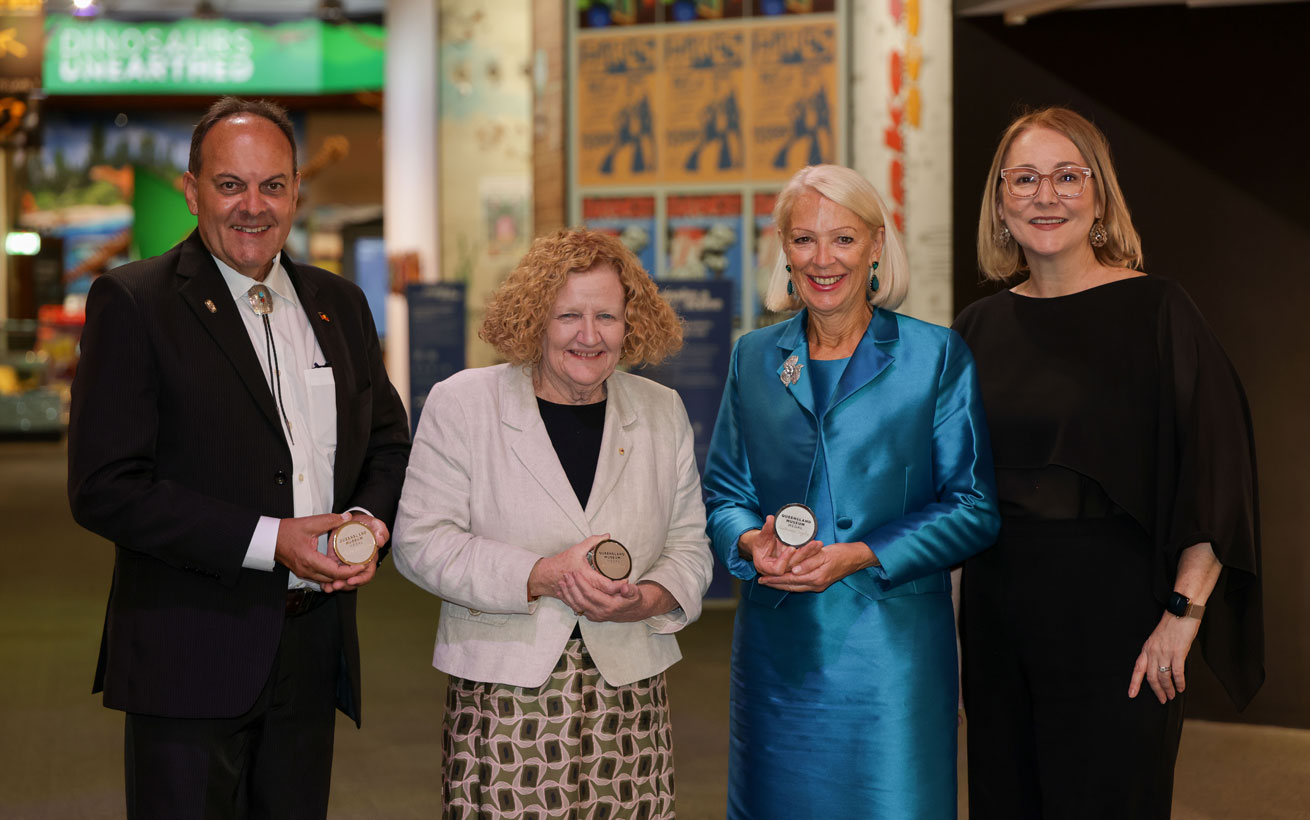 Photograph of the 2026 Queensland Museum medal winners (L-R), Dr Harry Van Issum, Professor Margaret Sheil AO and Cathi Taylor, alongside Queensland Museum CEO, Renai Grace.