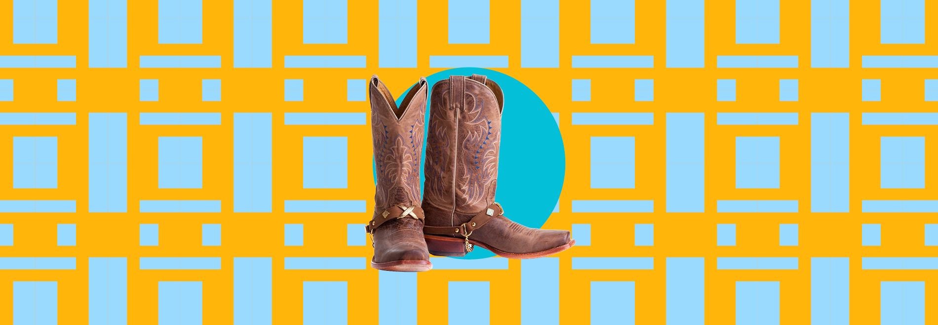 Brown Cowboy boots in front of yellow and blue graphic image